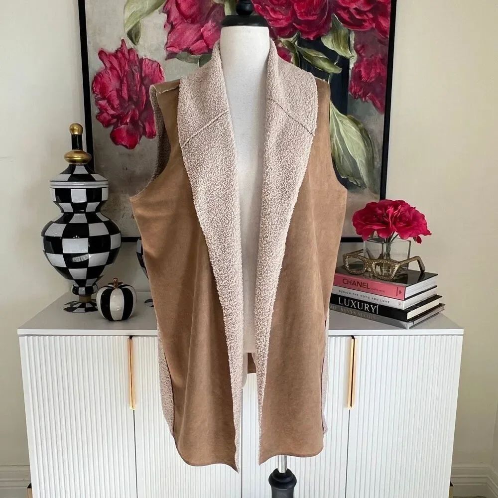 Chico's Women's Faux Suede Sherpa Shawl Collar Open Front Vest Tan Cream Large